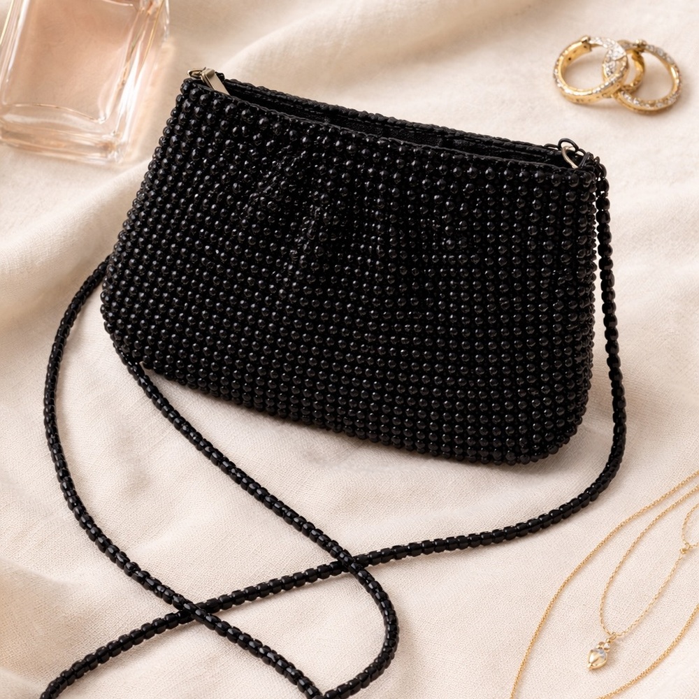Black Beaded Mini Crossbody Evening Bag